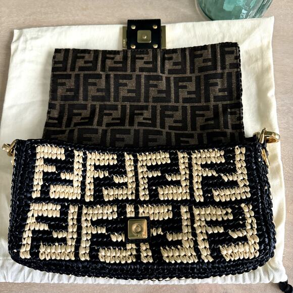 NEW Fendi Raffia Vitello Grace FF Crochet Baguette Natural Black Crossbody Bag - Picture 10 of 14